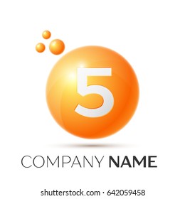 Number five splash logo. Orange dots and bubbles number design on grey background. Vector Illustration