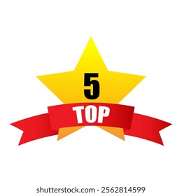 Number five star. Bold 5 detail. Bright yellow design. Red ribbon focus.