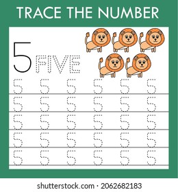 Number five  stroke worksheet with animals lions  for fine motor skills kids. Educational game for preschoolers.