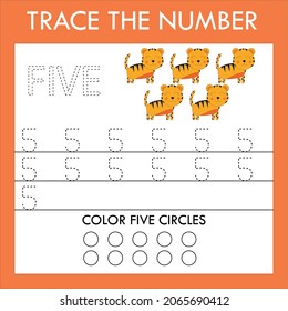 Number five  stroke worksheet with animals tigers  for fine motor skills kids. Educational game for preschoolers.