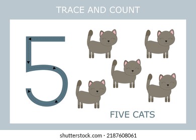 Number five stroke worksheet with  cats  for fine motor skills kids. Educational game for preschoolers.