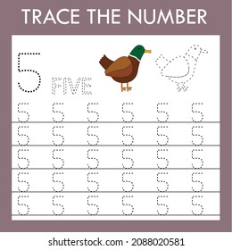 Hoja de trabajo de cinco tiempos con patos para niños con buenas habilidades motoras. Juego educativo para preescolares.