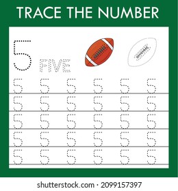 Number  five   stroke worksheet with  rugby balls  for fine motor skills kids. Educational game for preschoolers.