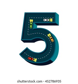 The number five in theme night time dark blue road with four cars are driving.