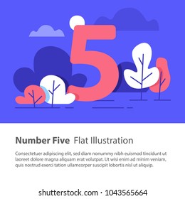 Number five, top chart concept, sequential number, night sky, park trees, vector flat design, minimalist illustration