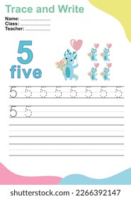 Number five tracing practice worksheet with five baby dragon brings a bucket of flower for kids learning to count and to write. Vector Illustration. Exercise for children to recognize the number.