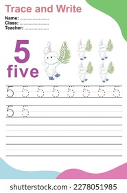 Number five tracing practice worksheet with 5 rabbits holding a palm leave. Page for kids learning to count and to write. Vector Illustration. Exercise for children to recognize the number.