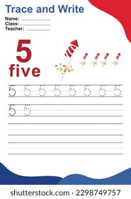 Number five tracing practice worksheet with 5 firecrackers for kids learning to count and to write with 4th July theme. Vector Illustration. Exercise for children to recognize the number.