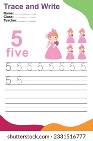 Number five tracing practice worksheet with five princesses for kids learning to count and to write. Vector Illustration. Exercise for children to recognize the number.