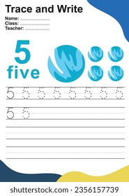 Hoja de trabajo de práctica de seguimiento número cinco con cinco planetas Venus. Página para niños aprendiendo a contar y a escribir. Ilustración vectorial. Ejercicio para que los niños reconozcan el número.