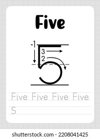 Number Five. Tracing Worksheet for kids. Learn how to write numbers for Preschool Kids. Practicing motor skills for kids. Flat vector illustration for printing.