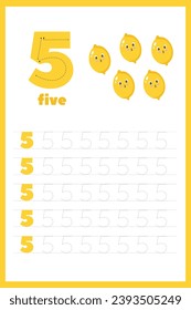 Number five. Track and write. Handwriting practice. Learning numbers for children. Educational Development Worksheet. Activity page. Game for kids and preschoolers. cards for children with numbers