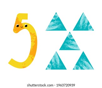 Nummer fünf mit Dreieck. Rute Zahl 5 Zeichen mit geometrischer Figur. Mathesymbol mit lächelndem Gesicht. Sonnige Mathematik für Kinder. Vektor-Flachkartoon