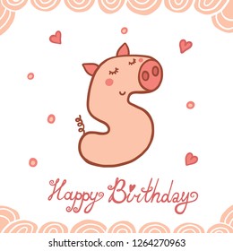 Number Five With Vector Cartoon Pig Character. Beautiful element for Kids Birthday Party invitation, greeting card, cake topper and t-shirt design.