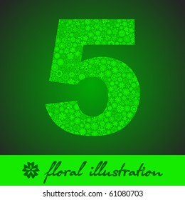 The number FIVE. Vector floral illustration. Art composition. Green neon glow. Cover design template. Illustration for a brochure, poster, cover, postcard, presentation, flyer, or banner.