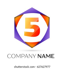 Number five vector logo symbol in the colorful hexagonal on grey background. Vector template for your design