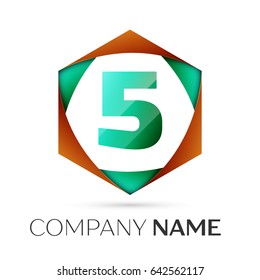 Number five vector logo symbol in the colorful hexagonal on grey background. Vector template for your design