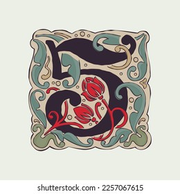 Number five vintage colored antique gothic style drop cap logo. Premium vector initial. Middle Ages engraved icon for heraldry identity, Victorian package, renaissance book, classic diploma, etc.