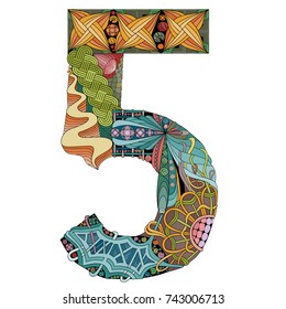 Number five Zentangle. Vector decorative object