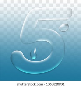 number five.vector letter 5 realistic water droplets on blue transparent background.vector.illustration