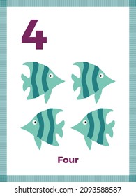 Number flashcard four for preschool learning. English math for kids. Vector illustration