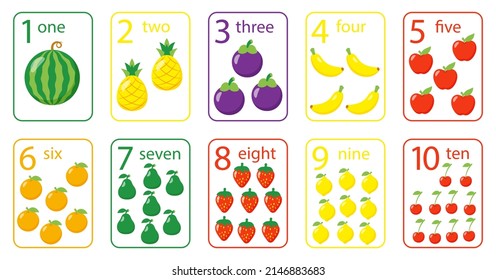 number flashcard with fruit images