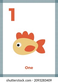 Number flashcard one for preschool learning. English math for kids. Vector illustration