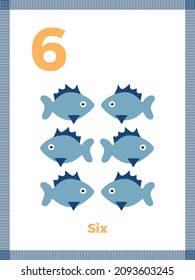Number flashcard six for preschool learning. English math for kids. Vector illustration
