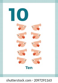 Number flashcard ten for preschool learning. English math for kids. Vector illustration