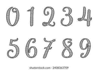 Number font set. Cartoon style numbers font. Hand drawn numbers set, handwritten vector alphabet with numbers. Calligraphy, lettering collection. Vector