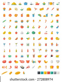 A number of food and beverages - fruits, coffee, tea, meat, bread, wine, cupcakes, burger icon set. Vector flat design illustration Square layout. 