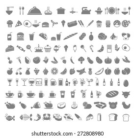 A number of food and beverages - fruits, coffee, tea, meat, bread, wine, cupcakes, burger icon set. Vector flat design illustration Square layout. 