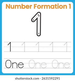 Number Formation 1 – Tracing Worksheet with Guided Stroke for Kids
