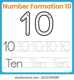 Number Formation 10 – Tracing Worksheet with Guided Stroke for Kids
