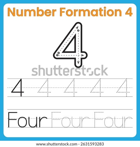Number Formation 4 – Tracing Worksheet with Guided Stroke for Kids