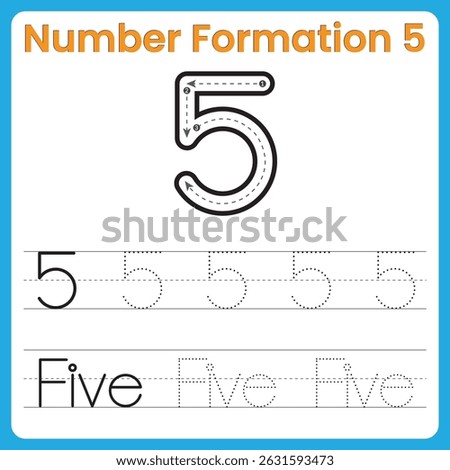 Number Formation 5 – Tracing Worksheet with Guided Stroke for Kids