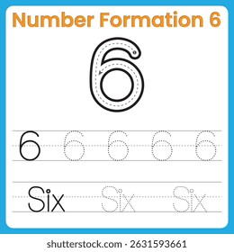 Number Formation 6 – Tracing Worksheet with Guided Stroke for Kids