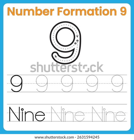 Number Formation 9 – Tracing Worksheet with Guided Stroke for Kids