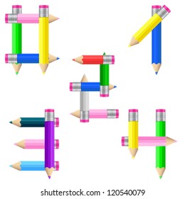 Number formed by pencils from 0 to 4 on a white background. Vector illustration.