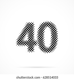 Number Forty, 40 in halftone. Dotted illustration isolated on a white background.
Vector illustration.