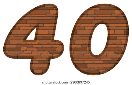Number Forty In Brick Style Vector Illustration. Number 40 With Brick Texture Isolated On A White Background