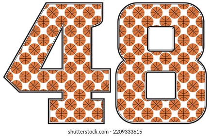 Number Forty Eight With Basketball Ball Pattern Vector Illustration. Number 48 Isolated On A White Background
