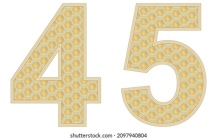Ilustración de 45 vectores. Número 45 Con Patrón De Honeycomb De Tamaño Aleatorio Aislado En Fondo Blanco
