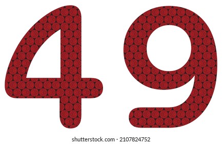 Number Forty Nine With Abstract Spheres Pattern Vector Illustration. Red And Black Number 49 Isolated On A White Background
