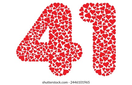 Number Forty One With Red Hearts Love Pattern Vector Illustration. Number 41 Isolated On A White Background
