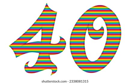 Number Forty With Rainbow Colors Pattern Vector Illustration. Number 40 In LGBT Flag Colors