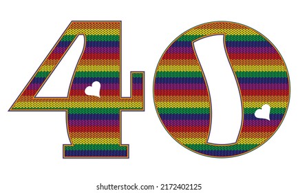 Number Forty With Rainbow LGBT Pattern. Number 40 Isolated On A White Background. Knitted Pattern In LGBT Flag Colors
