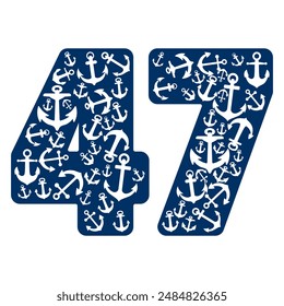 Number Forty Seven With Anchor Pattern. Number 47 Isolated On A White Background
