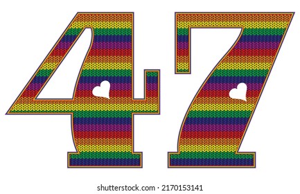 Number Forty Seven With Rainbow LGBT Pattern. Number 47 Isolated On A White Background. Knitted Pattern In LGBT Flag Colors
