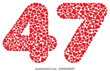 Number Forty Seven With Red Hearts Love Pattern Vector Illustration. Number 47 Isolated On A White Background
